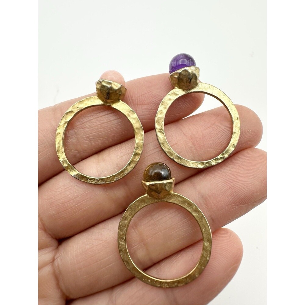 Gold Plated Natural Amethyst Tigers Eye Coral Ring Set Stackable Size 5.75